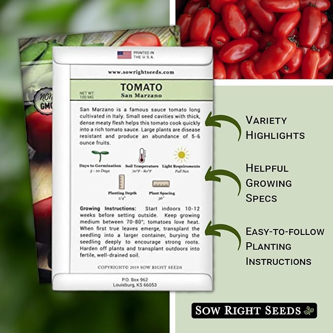 Sow Right Seeds - San Marzano Tomato Seeds for Planting - Non-GMO Heirloom Packet with Instructions to Plant a Home Vegetable Garden - Italian Classic Red Variety - Great for Sauce and Canning (4)