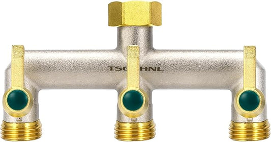 Garden Hose Splitter, 3-Way Faucet Diverter with 3 Extended Metal Handles, Outdoor Hose Splitter, Heavy Duty Brass Nickel Plated, GHT 3/4-Inch Heavy Duty Hex Female Inlet and 3/4-Inch Male Outlet