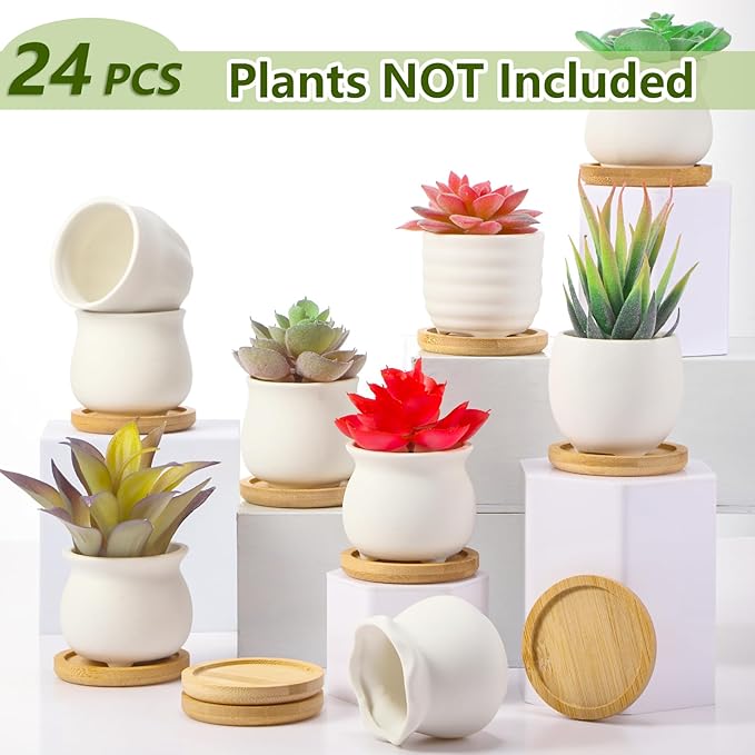 Remerry 24 Pcs Small Ceramic Pots 2.5 Inch Mini Succulent Pots Valentine's Day Gifts DIY Figurines Paint Craft Kit Unpainted Ceramic Bisque with Drainage Hole Ready to Paint for Classroom (Classic)