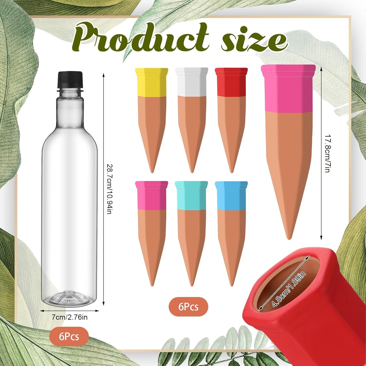 6 Sets Plant Watering Devices Include Terracotta Self Watering Spikes and 26 oz Plastic Bottles, Slow Release Vacation Insert Automatic Plant Waterer Device (Clear and Mixed Color)