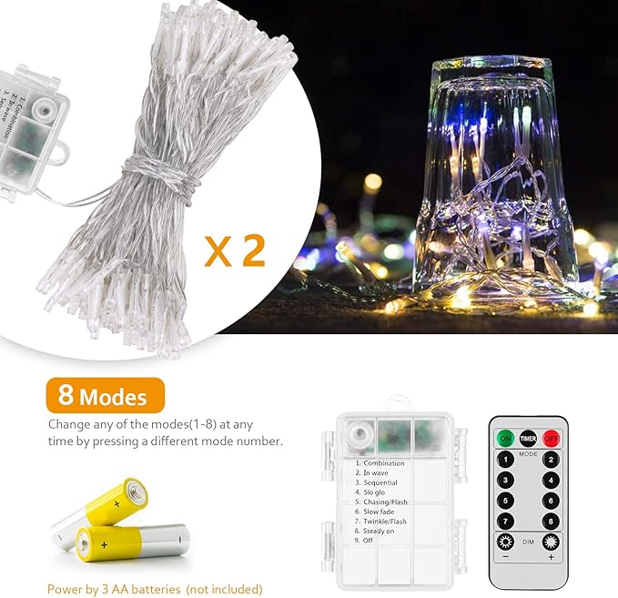 String Lights, 2 Pack Battery Operated String Lights with Remote Timer Waterproof 8 Modes 16.4ft 50 LED String Lights for Bedroom,Garden,Party,Xmas Tree Indoor Outdoor Decorations, Multicolor
