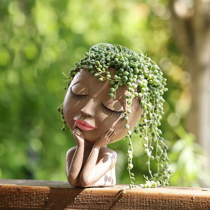 AIMEBBY Face Planter Pot - Face Flower Pots for Indoor and Outdoor Plants - Resin Head Planter Pots with Drainage Hole (Medium Size)-Black…