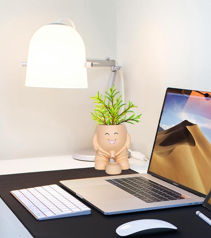 Quirky Creative Planter with Smiley Face,Naughty Boy Plant Face Pot with Drainage Hole,for Indoor Outdoor, Christmas, (Naughty Boy,Khaki)