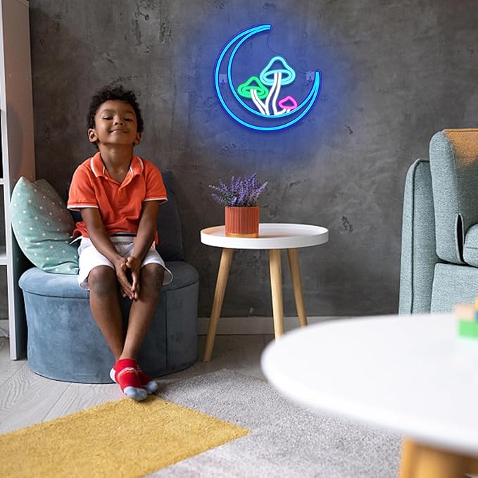 Moon Mushroom Neon Sign Blue Moon Neon Lights for Wall Decor Mushroom Light Up Signs USB LED Signs for Girls room Living Room Kids Room Home Bar Party Shop