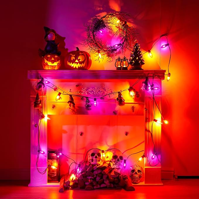 C9 Halloween Lights, Orange and Purple Halloween String Lights, Waterproof Halloween Lights for Outdoor Indoor Xmas Roofline Decor, Black Wire, 25 Feet