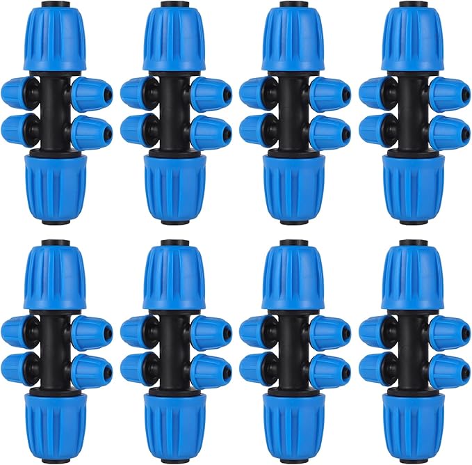 10 Pcs Barbed Tee 1/2 inch Tubing (1/2" ID x0.6-0.63" OD) 16mm to 1/4 inch Irrigation Tube Anti-Drop Quality Fitting (Fits 13mm ID / 4mm ID) (6-way lock Buckle Blue)