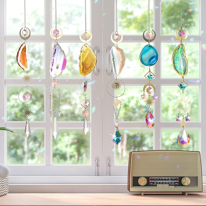 Maitys 6 Pcs 6 Pcs Crystal Suncatcher Sun Catchers Indoor Window Hanging Sun Catchers with Light Catcher with Prisms and Agate Slices for Indoor Outdoor Home Garden Wedding Decor (Colorful Crystal)