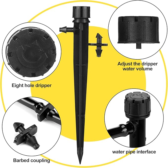 Retisee 50 Pcs Adjustable Flow 0-18 GPH Drip Irrigation Emitters 8 Holes Irrigation Drippers with Stake 360 Degree Irrigation Sprinkler Head Fit 1/4 Inch Drip Irrigation System for Garden Watering