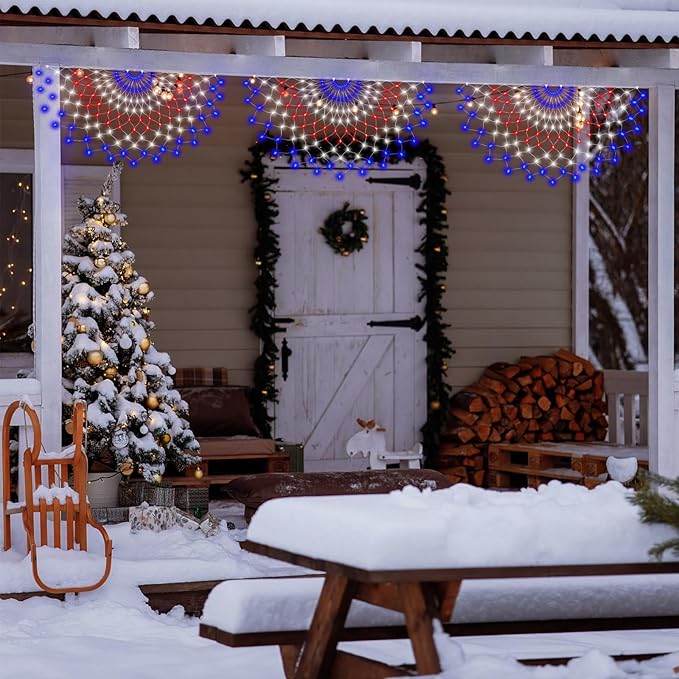 Leisure World LED American Flag Banner, 3 Pack 150 LED Half Fan Lights, 4 x 2 ft, 8 Modes Patriotic Outdoor Net for 4th of July, Christmas