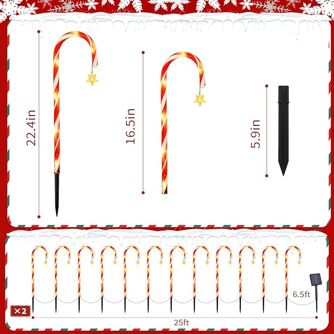 22" Candy Cane Lights Outdoor Pathway 2PK 24 PCS Candy Cane Christmas Decorations 8 Modes Solar Candy Cane Lights with Star Total 25FT Christmas Pathway Lights Outdoor for Xmas Yard Garden Walkway