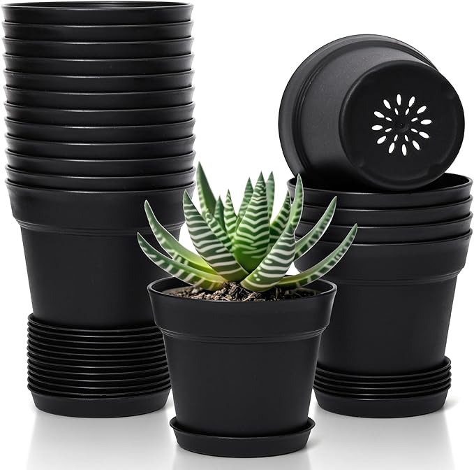 T4U 5 Inch Plastic Planters 18-Pack - Small Plant Pot with Drainage Hole and Saucer, Decorative Nursery Pot Bulk for African Violet, Snake Plant, Aloe and All House Plants Indoor (Black)