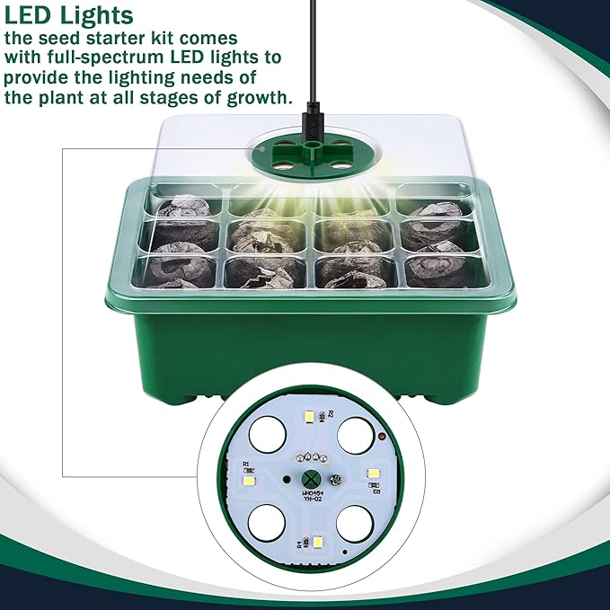 6 Pack Seed Starter Tray Kit with Grow Light and Humidity Dome Germination Trays with 72 Peat Pellets, Plant Labels, Gardening Tools, Plant Growing Trays for Seeds Growing Starting, Green