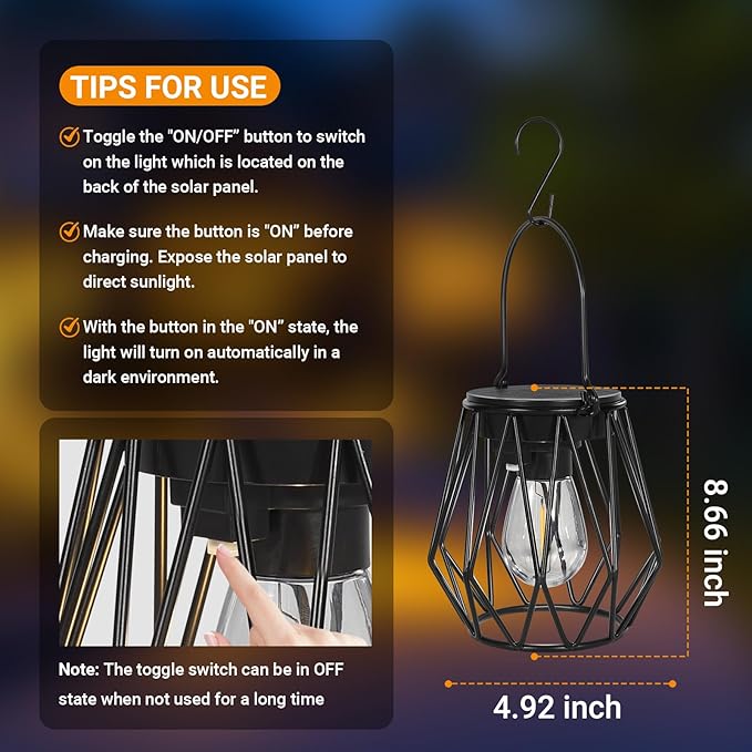 Solar Lanterns Outdoor Waterproof, Upgraded Powered Hanging Solar Lights for Outside, Auto On/Off, Brighter Hanging Outdoor Decor Lights for Yard Garden Patio Pathway 2 Pack