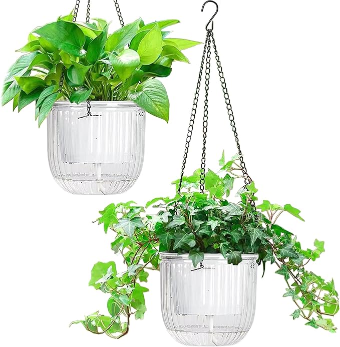 Melphoe 2 Pack Self Watering Hanging Planters Indoor Flower Pots, 6.5 Inch Outdoor Hanging Plant Pot Basket, Plant Hanger with 3Hooks Drainage Holes for Garden Home