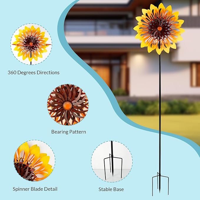 Sunflower Wind Spinners, 360 Degrees Swivel Metal Wind Sculptures, 76" Large Garden Pinwheels for Yard Lawn Patio Decor