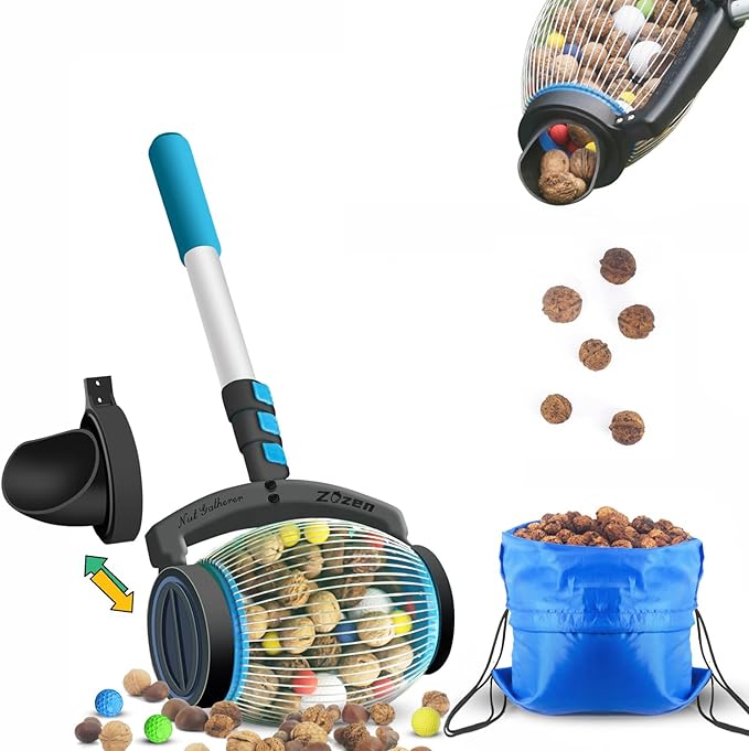 Zozen Nut Gatherer, 2 Dumping Method | Walnut Picker Upper, Pecan Picker Upper - Apply to Walnut, Pecan, Hickory, Chestnuts, Buckeyes, Nerf Balls, Golf, Pick up Objects Size 3/4'' to 1.5''; 1 Gallon