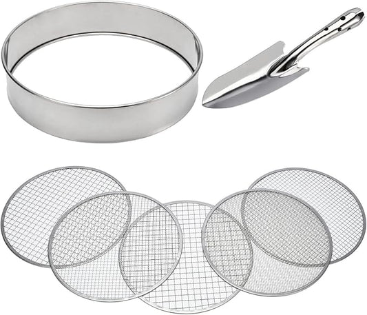 Soil Sieve Stainless Steel Riddle Sieve Set Garden Potting Sieve, 12" Diameter, with 5 Filter Mesh Sizes 3,6,9,10,12mm and Shovel