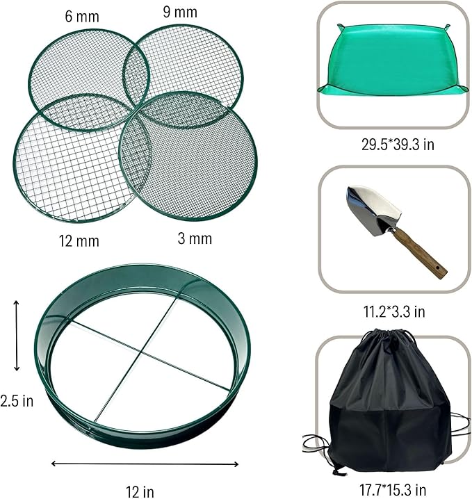 Soil Sifter for Gardening, 12 Inch Green Soil Sifter with 4 Replaceable Fine Screens and Shovel, Sieve for Sand Rocks Dirt Compost