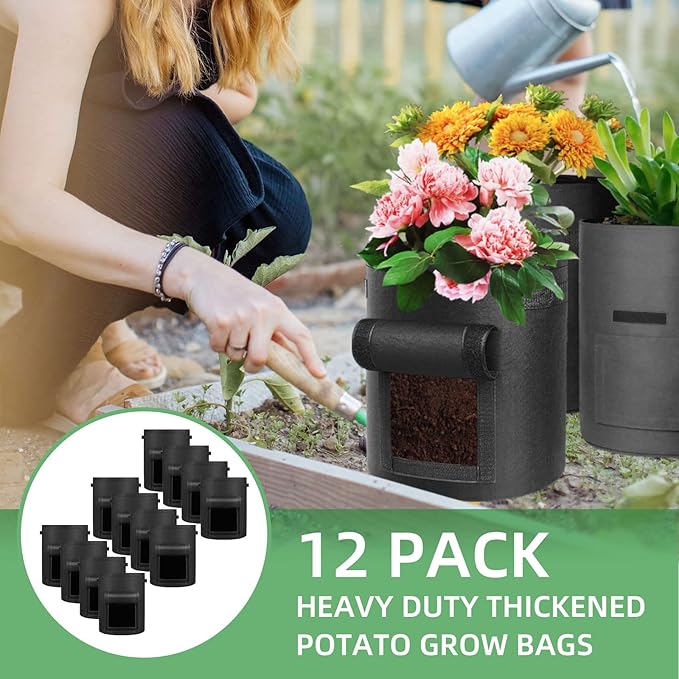 12 Pack 10 Gallon Potato Grow Bags, Heavy Duty Nonwoven Fabric Garden Planting Bag Plant Container with Flap and Handles, Aeration Fabric Pots for Growing Vegetable, Fruits and Flowers
