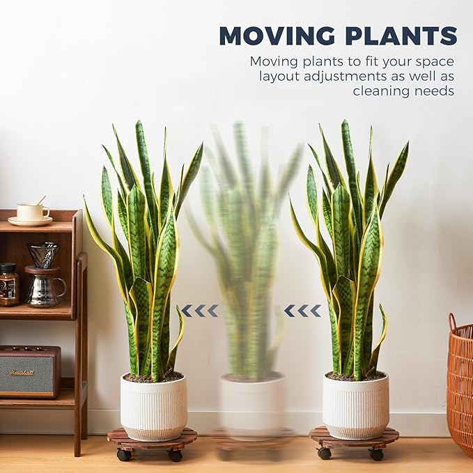 Bamworld Plant Stand with Wheels Plant Caddy Outdoor 4 Pack 12in Rolling Planter Caddy with Swiveling and Lockable Caster for Indoor Patio Plant Dolly Wood Wheeled Mobile Roller