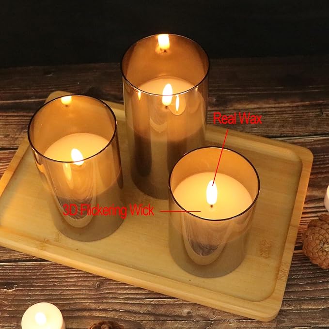Glass Flameless Candles with Remote Timer,LED Candles Flickering Battery Operated with 3D Wick,Candle Holders Table Centerpiece Decoration for Home Wedding Birthday Festival(Grey)