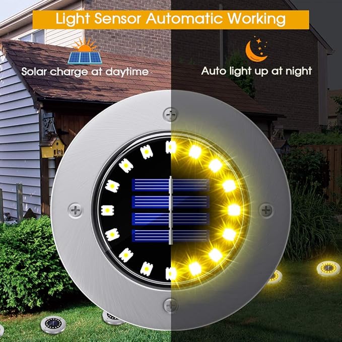 NFESOLAR Solar Lights Outdoor with 16 LEDs, Bright Solar Ground Lights Outdoor Waterproof Solar Disk Lights for Pathway Garden Yard Lawn Walkway Driveway (Warm White 8pack)