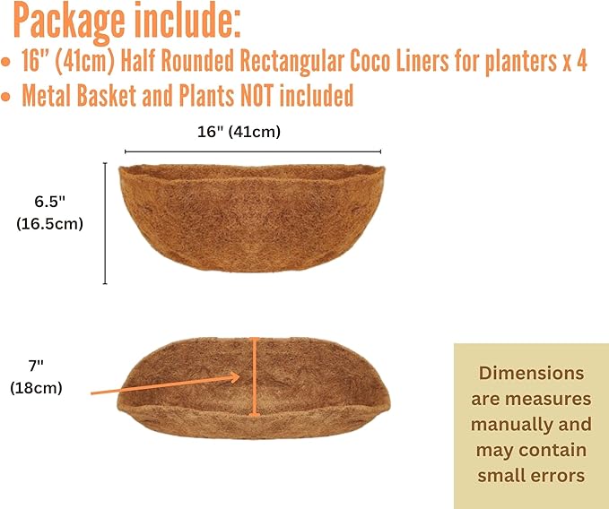 Maxona 16 inch 4 Pack Trough Rectangular Coco Liner for Window Box Planter: Thick Coconut Coir to Support The Soil Replacement for Wall Hanging Basket, Rectangle Pre-Formed Fiber Husk, Garden Fence