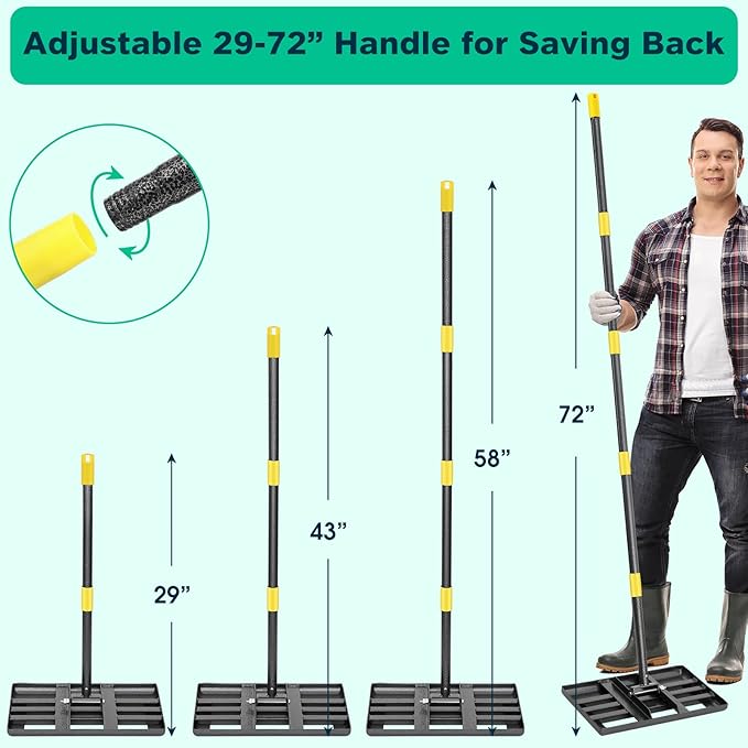 Lawn Leveling Rake with Smooth Eadge,Heavy Duty 17"x10" Lawn Leveling Rake with 6FT Adjustable Handle for Yard Garden Lawn Leveling, Soil Sand Spreading Dirt Top Dressing, Small Lawn Level Tool