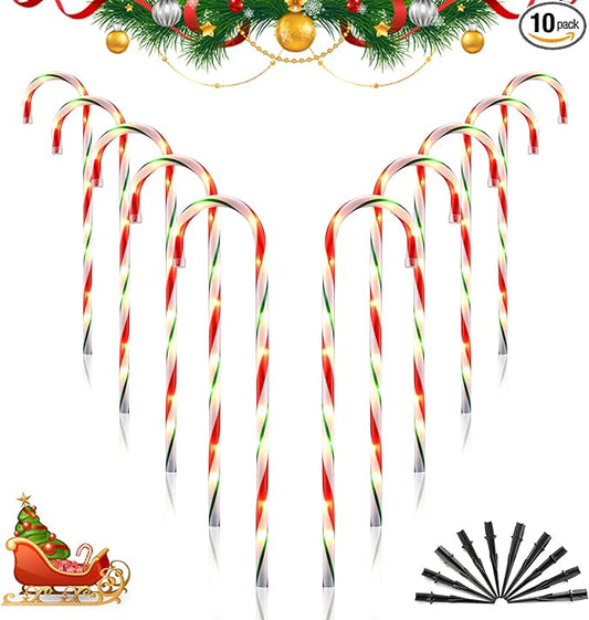 26" Christmas Decorations Outside Candy Cane Lights, Set of 10 Pack Landscape Path Lights for Yard Patio Garden Walkway Festival Holiday, Red & Green