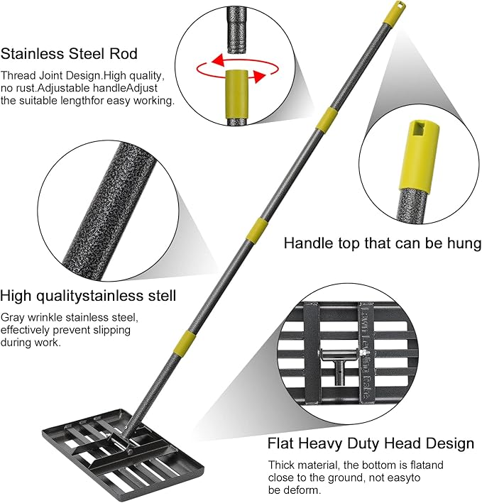 Lawn Leveling Rake, 6 FT Adjustable Long Handle Level Lawn Rake, Black Heavy Duty Level Lawn & 1 Inch Diameter Stainless Steel Handle Lawn Leveler Rake, Lawn Leveler Tool for Soil Grass Golf Field