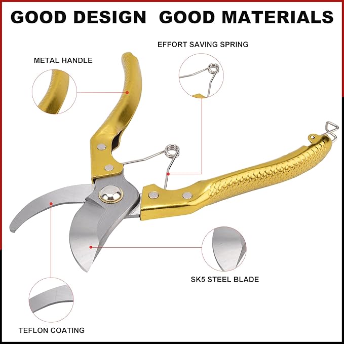 Tree Trimmers Secateurs, Hand Pruner, Garden Scissors for Plant,Pruning Shears for Gardening, Garden Hand Shears, Pruners for Gardening, Garden Clippers, Hedge Shears, Garden Tools （golden)