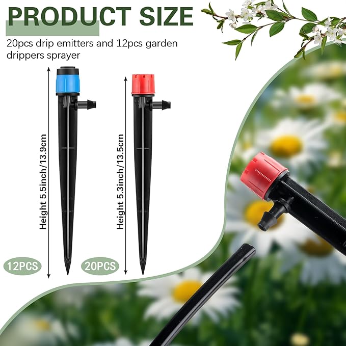 32 Pcs Drip Irrigation Emitters Drip Emitters for 1/4 Inch Tubing Irrigation Drippers Sprayer Adjustable 360 Degree Water Flow Drip for Garden Lawn Flower Bed Irrigation System (Red and Blue)