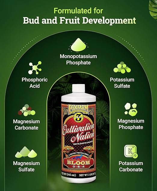FoxFarm Cultivation Nation Bloom Fertilizer - Enhanced Bud & Fruit Development, Ideal for Soil, Soilless Media, Hydroponics & Aeroponics - Part 3 of 3-Part Feeding Program- NPK 0-5-4 (Quart)