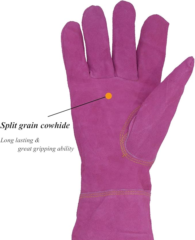 HANDLANDY Ladies Thorn Proof Gardening Gloves, Long Gauntlet Heavy Duty Garden Gloves, Elbow Length Women Leather Rose Pruning Gloves (Large, Rosy)