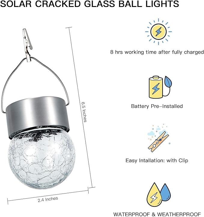SUNWIND Hanging Solar Ball Lights Outdoor - 8 Pack Cracked Glass Decorative Garden Lights Waterproof Solar Lanterns for Yard, Patio, Fence, Tree, or Holiday Decoration(White)