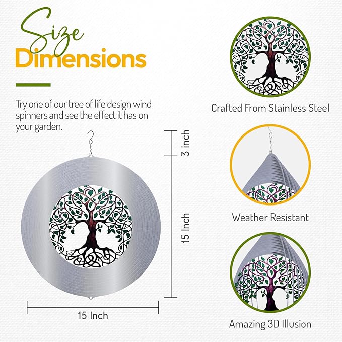 Tree of Life Wind Spinners for Yard and Garden, Metal Ornaments for Garden Décor, Outdoor Wind Spinner, Tree of Life Gifts, Outdoor Garden Decoration, 15 inch Tree of Life Wall Décor by ISEO