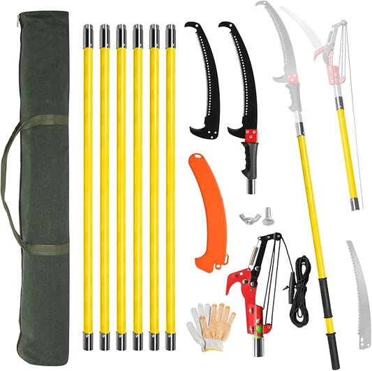 Outvita Manual Pole Saw, 26 Feet Extendable Tree Pruner with Knives and Storage Pocket, Sharp Steel Blade and Scissors High Branches Trimming for Pruning Palms and Shrubs（Yellow）