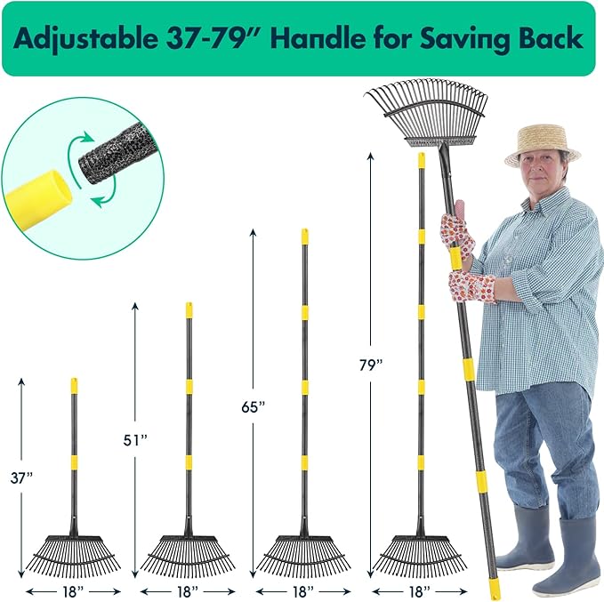 Rake - 79 Inch Long Garden Leaf Rake, 18 Inch Wide Heavy Duty Leaf Rake for Shrub with 25 Metal Tines,Yard Rake with Ergonomics Adjustable Handle for Picking up Leaves, Grass Clippings, Garbage