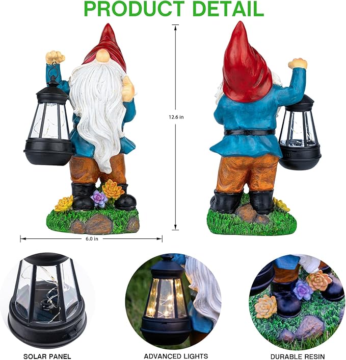 Solar Garden Statue Lights Gnome Figurine with Solar Lantern, Outdoor Garden Succulent Ornaments Waterproof Christmas Decoration for Outside Patio Yard Lawn Decor