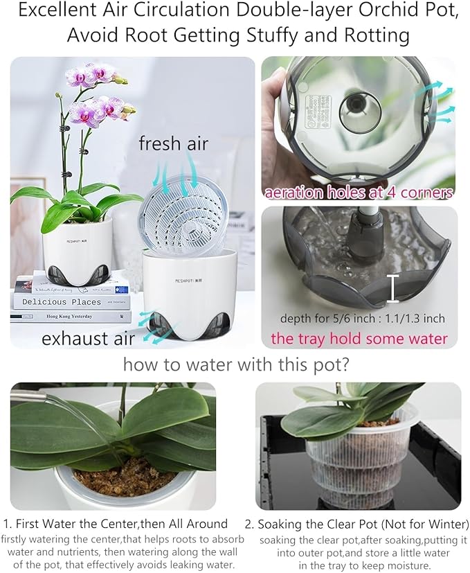 6 inch Orchid Pots with Holes,Set of 2,Double Layer Plastic Imitate Ceramic Orchid Planter Provide Good Air Circulation,Clear Orchid Pot Match Decorative Orchid Container