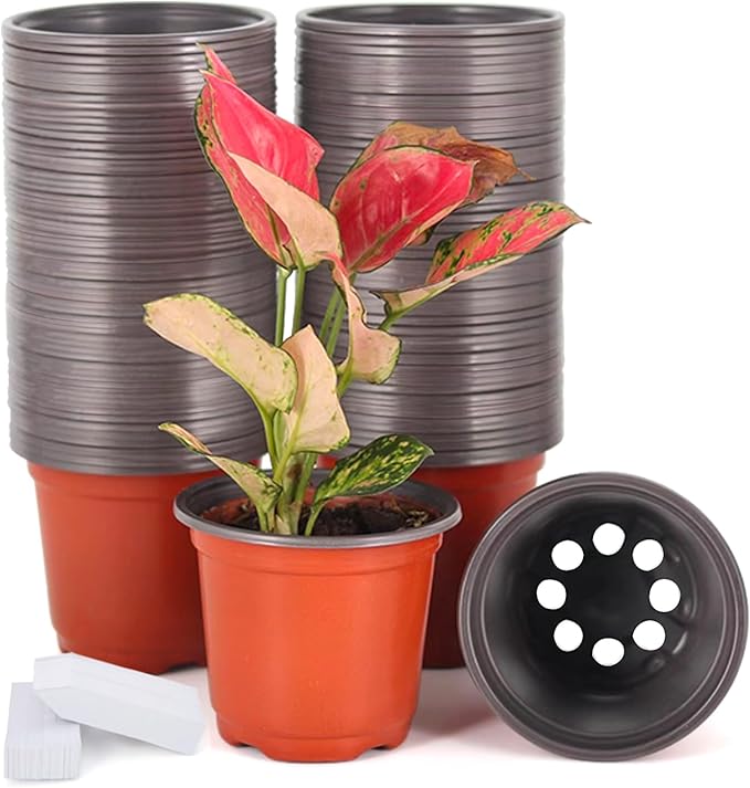 JERIA 100-Pack 4 Inch Plastic Plant Nursery Pots Come with 100 Pcs Plant Labels, Seedling Flower Plant Container and Seed Starting Pots