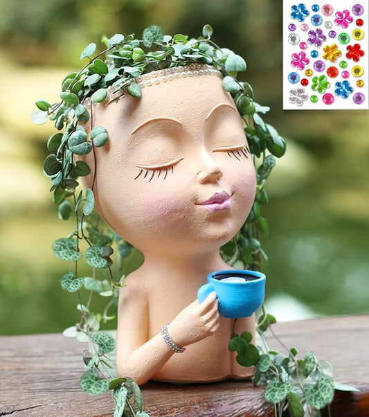 Face Pot for Plants, with a Base,Face Flower Pot for Indoor Outdoor Plants Resin Succulent Planter with Drainage Hole Cute Lady Face Plant Pots（Lignt Orange）