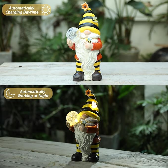 Solar Garden Gnome Statue, Resin Bee Gnome Figurine with Flower and Crackle Glass Globe Lights for Outdoor Decor, Porch Patio Yard Decorations, Garden Gifts for Mom