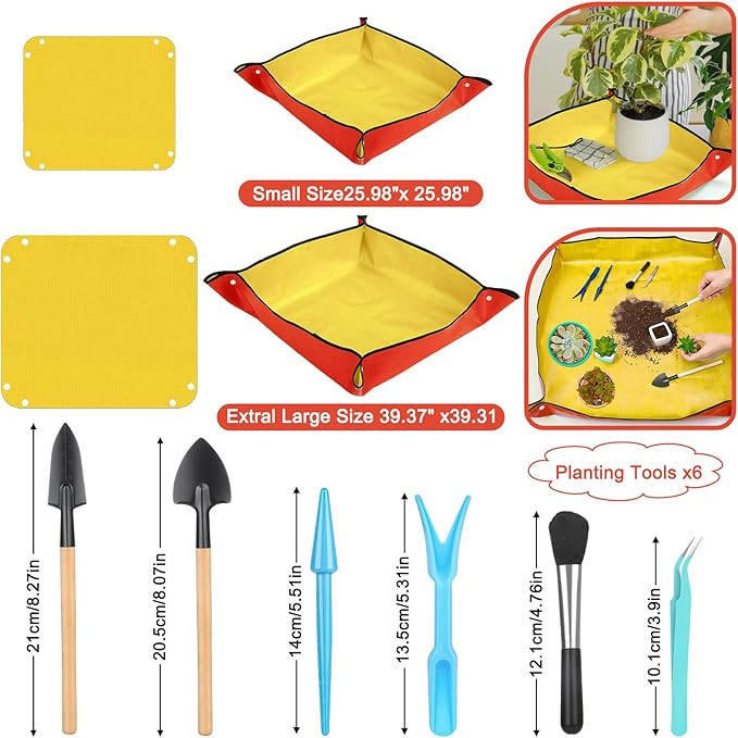 2Pcs Repotting Mat for Plant Transplanting, 39'' Gardening Mat and 26'' Orange Potting Mat for Indoor, Thicker Potting Tray with Plant Accessories Foldable Waterproof Planting Mat for Plant Lovers