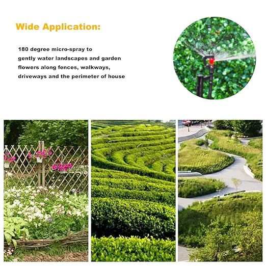 Drip Irrigation Micro Spray Emitter on 20 inch Stake with 1/4" Tubing and Barbed Coupler 180° Half Circle Pattern, 8.5’ Spraying Distance