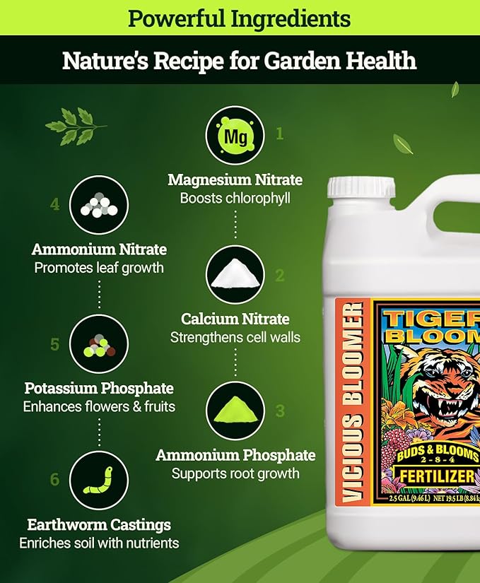 FoxFarm Tiger Bloom Liquid Fertilizer Concentrate - Fast Acting Formula for Vicious Growth with Phosphorus - Encourages Fruit, Flower & Bud Development, NPK 2-8-4 (2.5 Gallons)