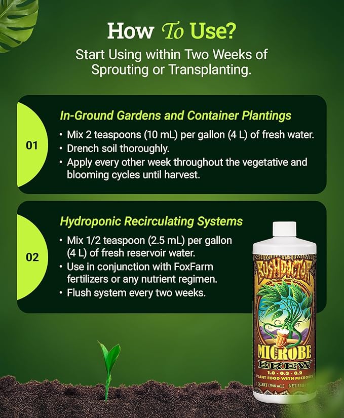 FoxFarm Bushdoctor Microbe Brew - Liquid Macro & Micronutrients, Enhances Root Efficiency, Growth & Nutrient Uptake - Soil Revitalizer- NPK 1.0-0.3-0.2 (Quart)