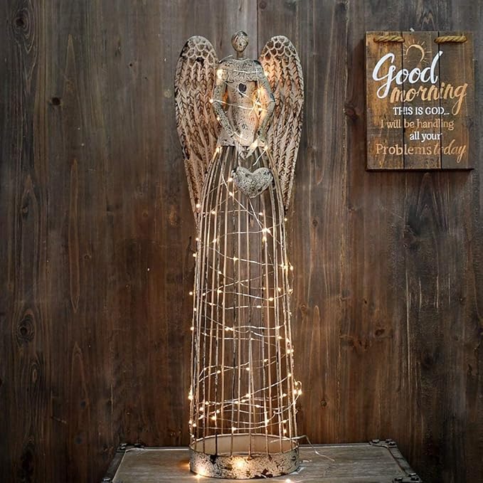 Morning View Vintage Metal Angel Garden Statue with Heart Handbag for Indoor Outdoor Yard Lawn Patio Art Decor with LED Lights String(Style B)