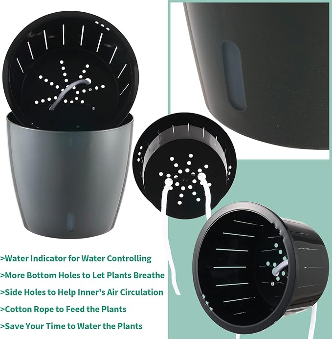 Planterhoma 6.7 Inch Self Watering Pots for Indoor Plants, 6 Packs African Violet Pots with Water Indicator and Black Wick Pots, Self Watering Planters for Devil's Ivy, Indoor Plant Pots, Grey Gold