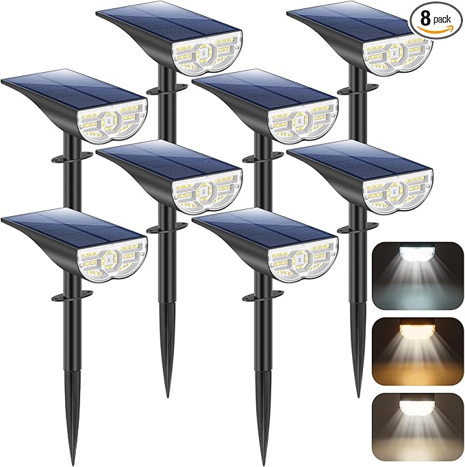 Solar Lights Outdoor, 5 Working Modes Solar Powered Spotlights for Yard, Waterproof Outside Solar Landscape Lights with 3 Color Temperatures, Bright LED Outdoor Lights for Garden Tree Pathway, 8-Pack